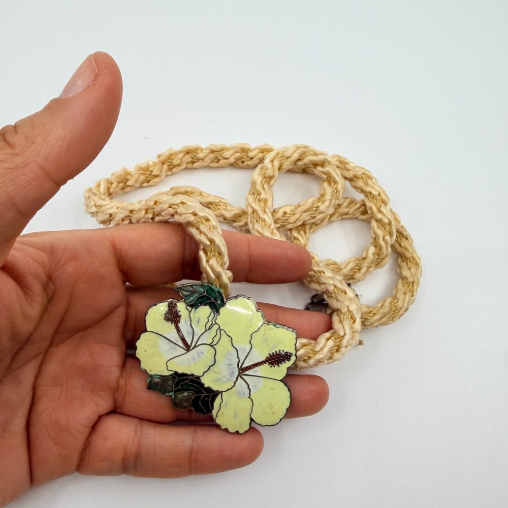 Vintage Cloisonne Hibiscus Flower Necklace with Silk Cord Boho Charm - Picture 7 of 9